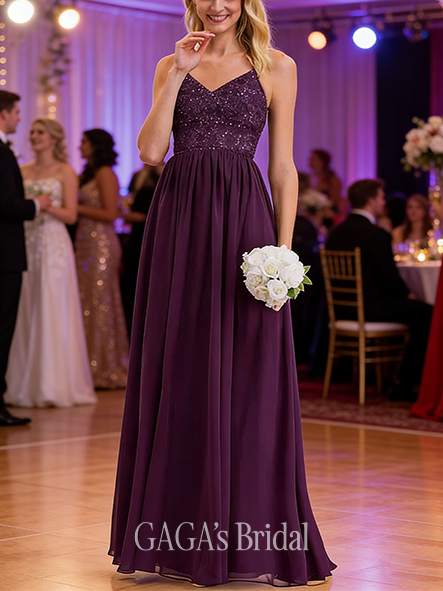 A-line Beaded V-Neck Floor-Length Chiffon Lace Prom Dresses With Beading Sequins