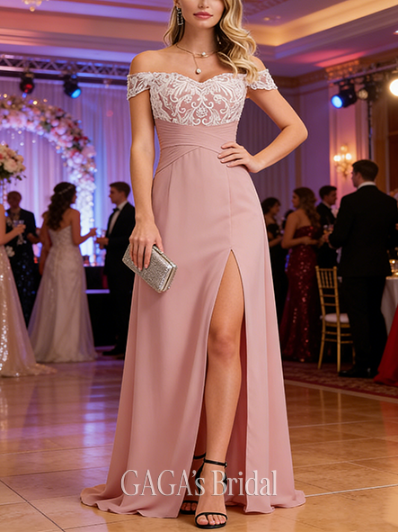 A-line Pleated Off the Shoulder Asymmetrical Lace Chiffon Prom Dresses With Pleated