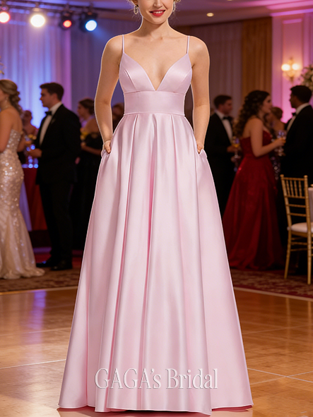 A-line Silky V-Neck Floor-Length Satin Prom Dresses