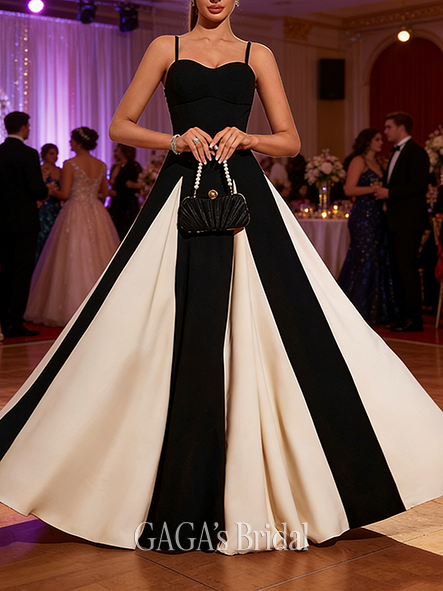 A-line Edgy Sweetheart Floor-Length Charmeuse Stretch Crepe Prom Dresses With Black and White