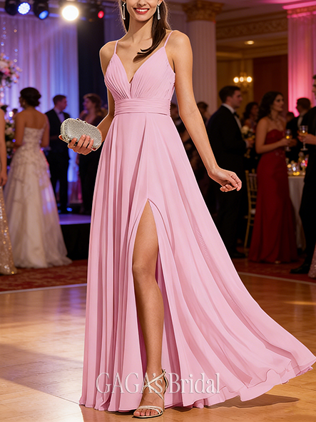 A-line Frilled V-Neck Floor-Length Chiffon Prom Dresses With Ruffle