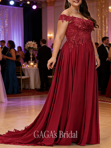 A-line Sequined Off the Shoulder Sweep Train Lace Chiffon Prom Dresses With Sequins