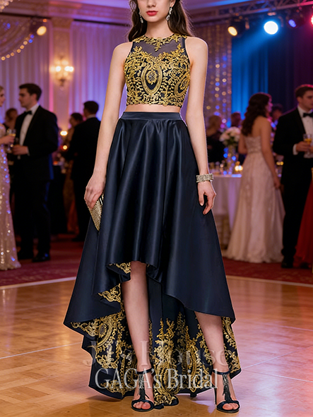 A-line Beaded Scoop Asymmetrical Satin Prom Dresses With Beading Sequins