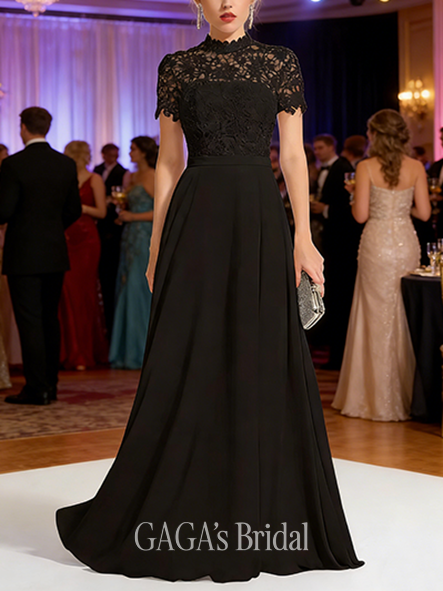 A-line Lace-Chiffon High Neck Floor-Length Lace Chiffon Prom Dresses