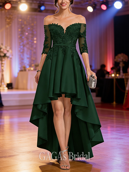 A-line Sequined Off the Shoulder Asymmetrical Satin Lace Prom Dresses With Sequins