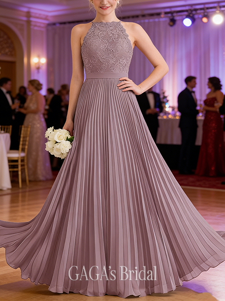 A-line Pleated Scoop Floor-Length Lace Chiffon Prom Dresses With Pleated