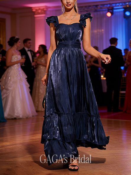 A-line Breezy Square Floor-Length Organza Prom Dresses With Ruffle