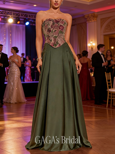 Strapless A-line Regal Satin Jacquard Floor-Length Prom Dresses