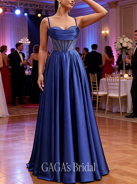 A-line Breathtaking Sweetheart Sweep Train Silky Satin Prom Dresses With Rhinestone