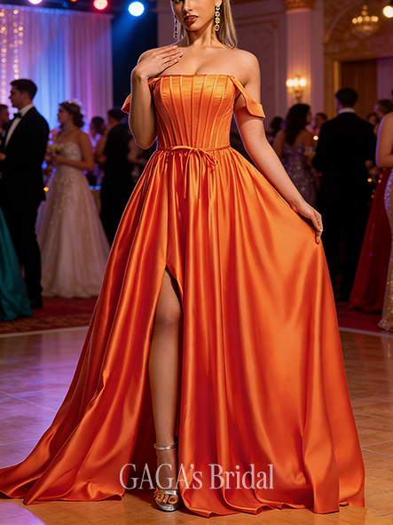 A-line Sleek Straight Sweep Train Satin Prom Dresses With Bow