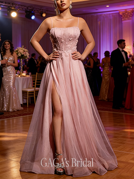 A-line Polished Straight Floor-Length Tulle Prom Dresses With Pleated Sequins Appliques Lace