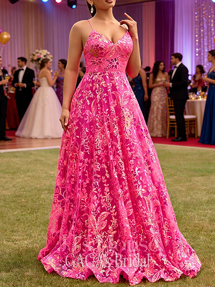 A-line Glitzy V-Neck Floor-Length Sequin Prom Dresses With Sequins