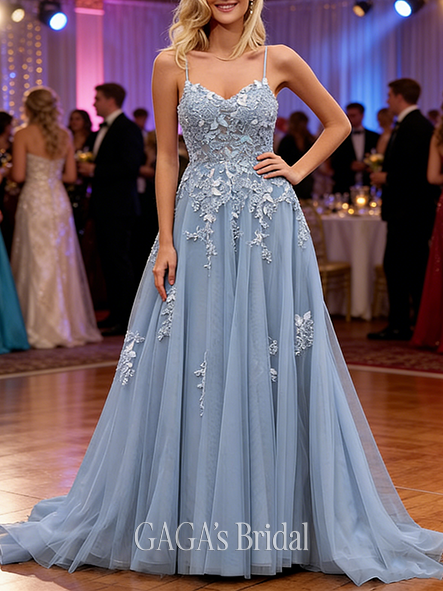 A-line Fairy-tale V-Neck Sweep Train Tulle Prom Dresses With Sequins Appliques Lace