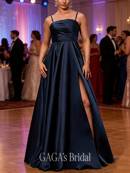 A-line Tailored Straight Floor-Length Satin Prom Dresses With Pleated