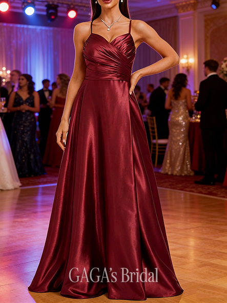 A-line Snug V-Neck Floor-Length Stretch Satin Prom Dresses With Pleated