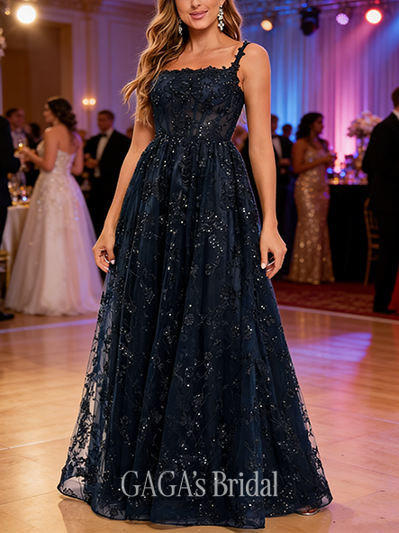A-line Floral-Embroidered Square Floor-Length Organza Lace Floral Prom Dresses With Sequins