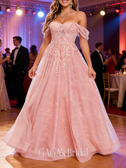 A-line Lace-Appliqued Sweetheart Off the Shoulder Floor-Length Tulle Floral Lace Prom Dresses With Appliques Lace