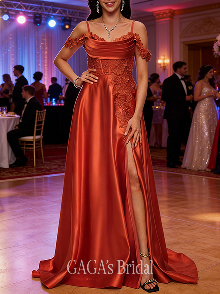 A-line Rhinestone-Studded Cold Shoulder Sweep Train Satin Prom Dresses With Rhinestone