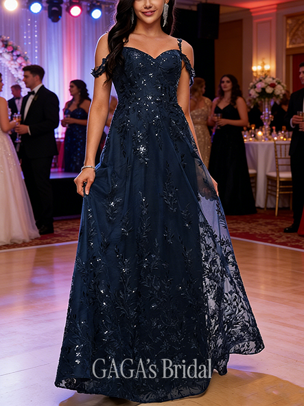 A-line Lace-Sequined V-Neck Floor-Length Lace Prom Dresses With Sequins