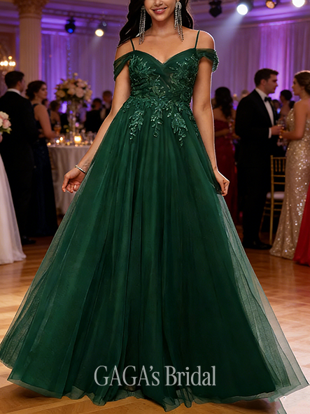 A-line Cold-Shoulder-Tulle Cold Shoulder Floor-Length Tulle Prom Dresses With Sequins Appliques Lace