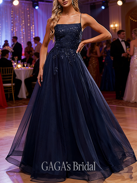 A-line Tulle-Sequined Straight Floor-Length Tulle Prom Dresses With Sequins