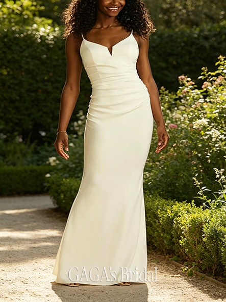 Delicate Ruched V-Neck Spaghetti Strap Sheath Wedding Dress