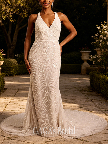 Breathable Beaded Halter Open Back Sheath Wedding Dress