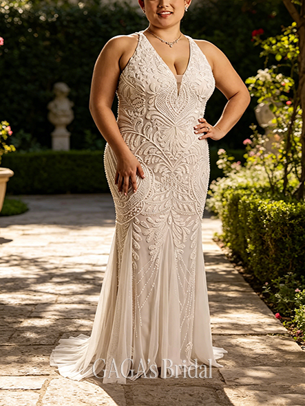 Shimmering Plunging Allover Beaded Sheath Wedding Dress