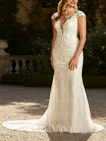 Ornamental Tulle Sheath Wedding Dress with Beaded Swag Back