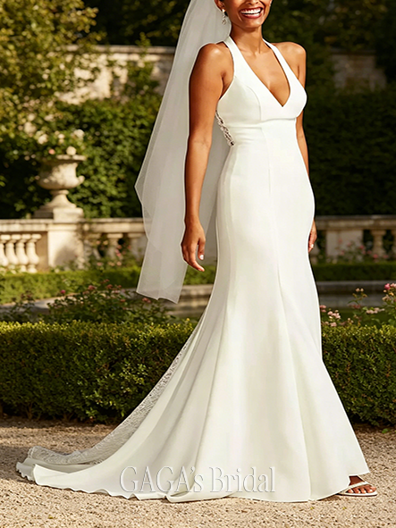 Elegant-Train Sheer Back Crepe Wedding Dress with Lace Train