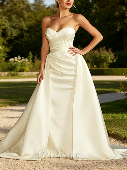 Voluminous Satin Ruched Bodice Wedding Dress with Overskirt