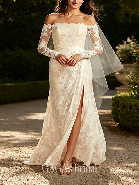 Bohemian Large Floral Lace Long Sleeve Wedding Dress