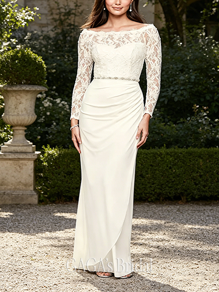 Lavish Off-the-Shoulder Long Sleeve Lace Draped Gown