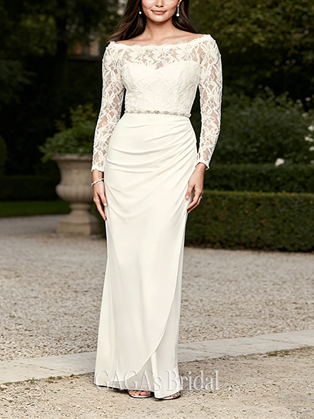 Ornate Off-the-Shoulder Long Sleeve Lace Draped Gown
