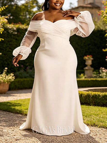 Flowy Stretch Crepe Billow Sleeve Sheath Wedding Dress