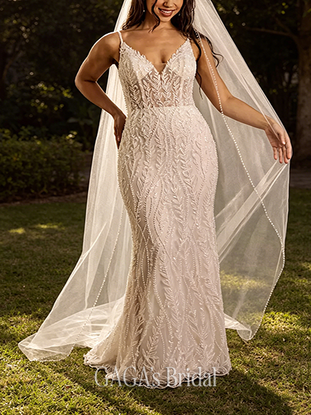 Sharp Beaded V-Neck Sheath Wedding Dress