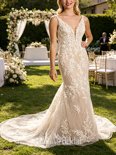 Dazzling Beaded Plunging Tank Mermaid Wedding Dress