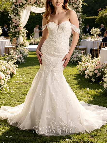 Tender Lace Applique Mermaid Gown with Elegant Swag Sleeves