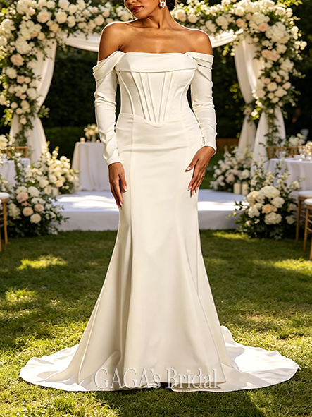 Graceful Swag Sleeve Stretch Satin Corset Wedding Dress