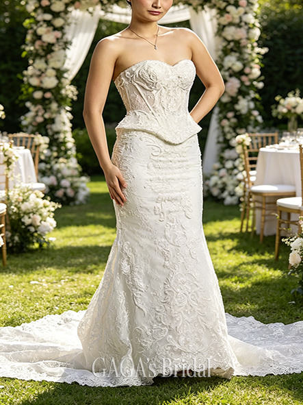 Gorgeous Beaded Lace Peplum Mermaid Wedding Dress