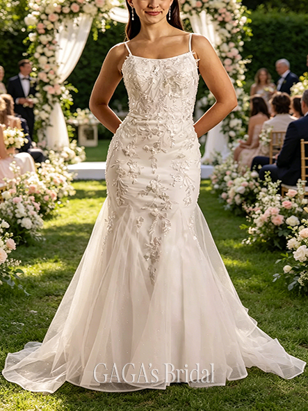 Elegant Lace Applique Mermaid Wedding Dress with Flowy Godets