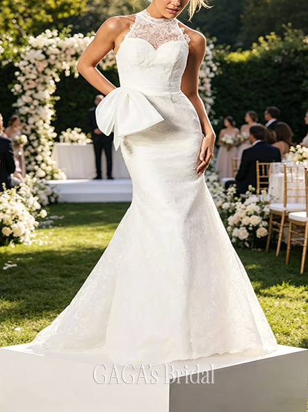 Elegant Lace High Neck Mermaid Gown with Bow Sash