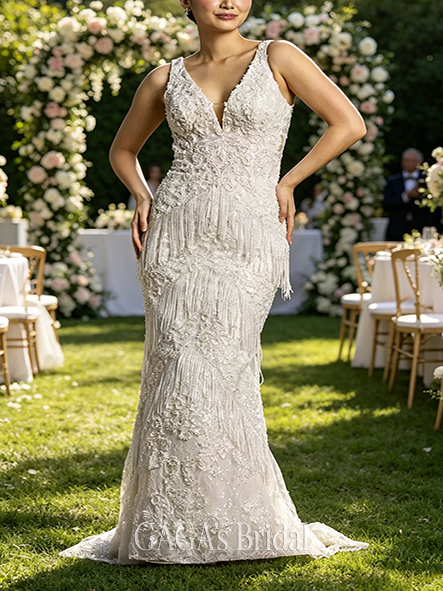 Opulent Tank Mermaid Dress with Pearl Beading and Delicate Fringe