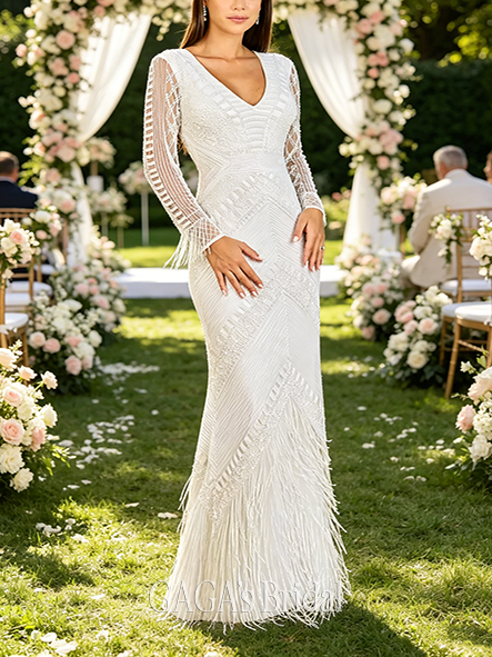 Stunning Beaded Long Sleeve Fringe Wedding Dress
