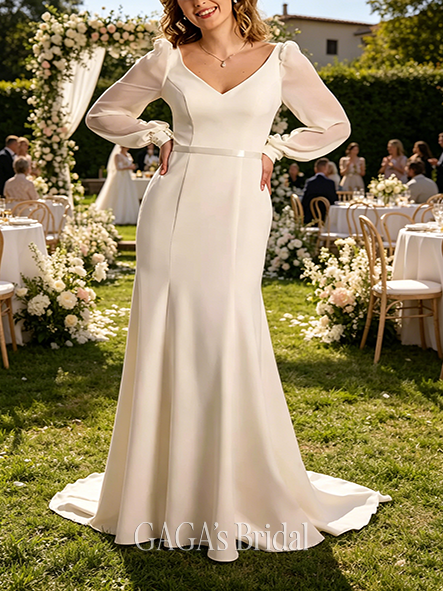 Sleek Long Sleeve V-Neck Crepe Mermaid Wedding Dress