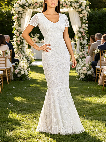 Charming Short Sleeve V-Neck Beaded Mermaid Gown