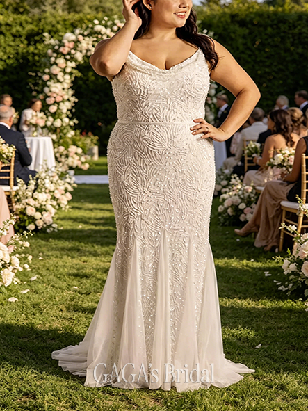 Elegant Beaded Mermaid Wedding Dress with Cowl Neckline