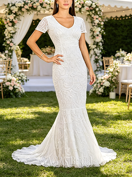 Adorable Short Sleeve V-Neck Beaded Mermaid Gown