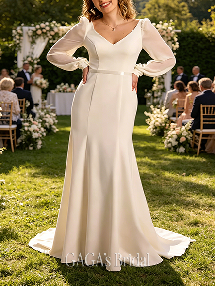 Elegant Long Sleeve V-Neck Crepe Mermaid Wedding Dress