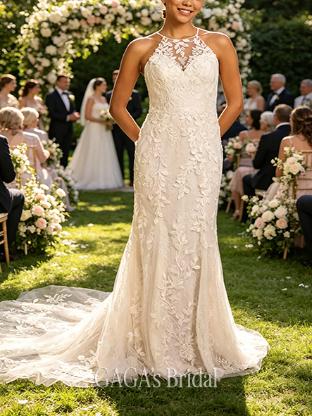 Elegant High-Neck Halter Lace Mermaid Wedding Dress
